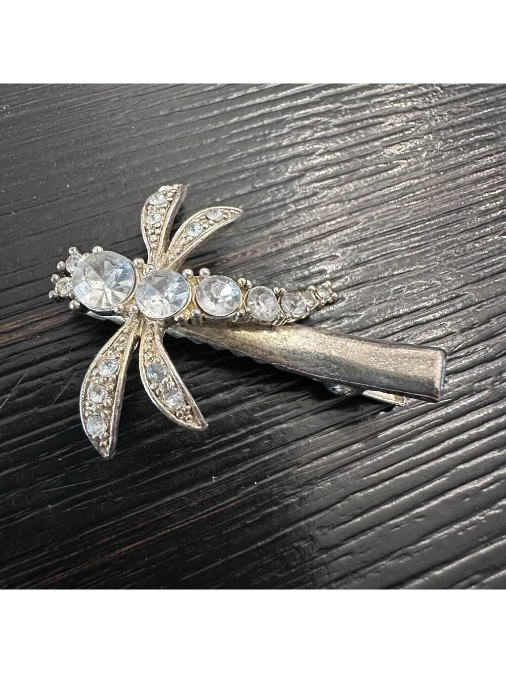 Vintage Dragonfly Blue Rhinestone Barrette Silver ToneHair Clip VGC
